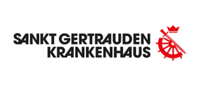 Logo für das Sankt Gertrauden-Krankenhaus mit schwarzer, fetter Schrift und einer roten Radgrafik, die von einer Krone auf der rechten Seite gekrönt wird, die das Nierenzentrum in Berlin Zehlendorf repräsentiert.